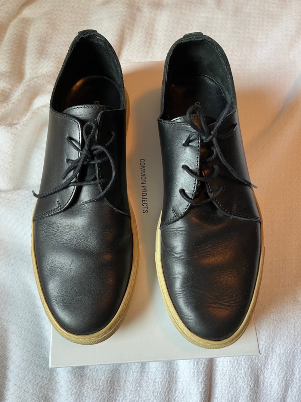 Common Projects Black Leather Derby Shoes with Cream Soles